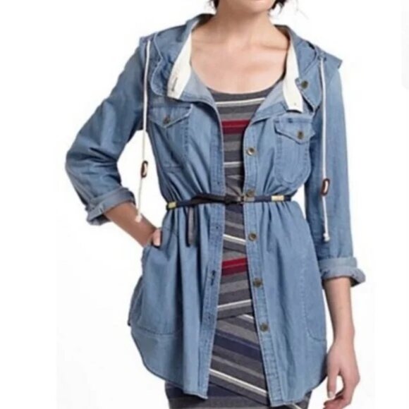Anthropologie ~Cotton Chambray Button Front Hoodie Shirt Jacket size Medium - Picture 2 of 13